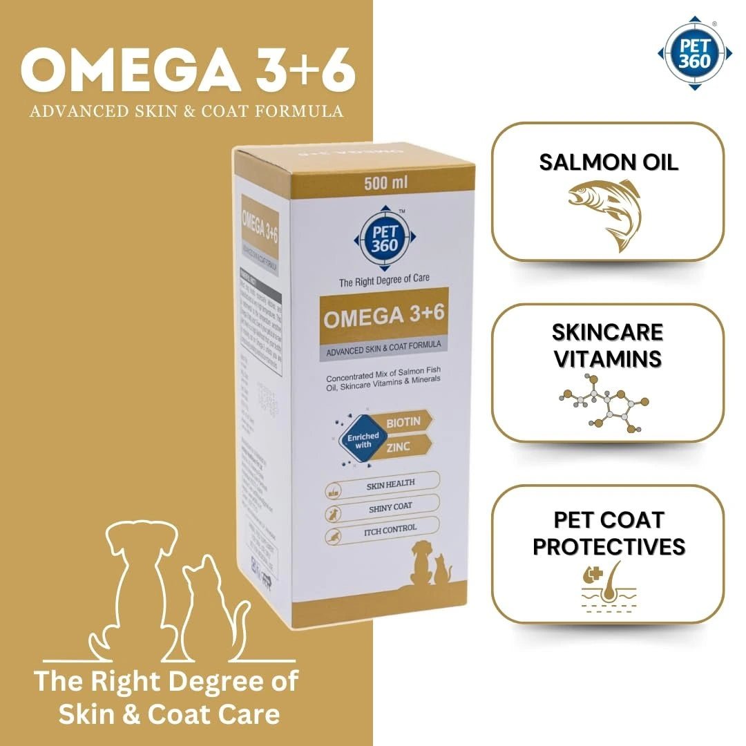 PET360 Omega 3+6 Concentrated Salmon Fish Oil for Dogs & Cats with Vitamins & Minerals | Shinier Coat, Itch & Allergy Control | Improves Skin & Hair Health | Nutritional Supplement for Pets