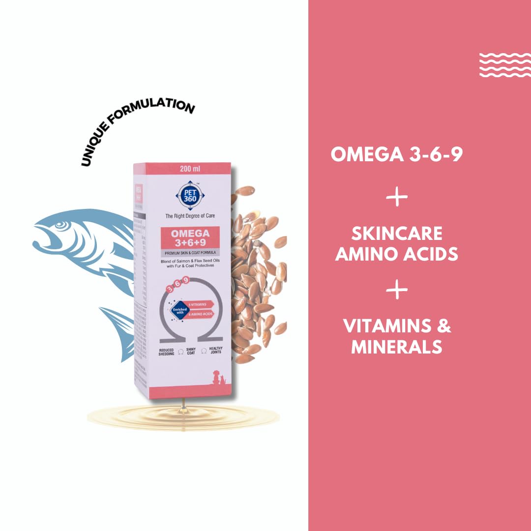 PET360 OMEGA 3+6+9 | Blend of Salmon & Flax Seed Oils with Fur & Coat Protectives | Reduced Shedding | Shiny Coat | Healthy Joints | Nutritional Supplement for Pets