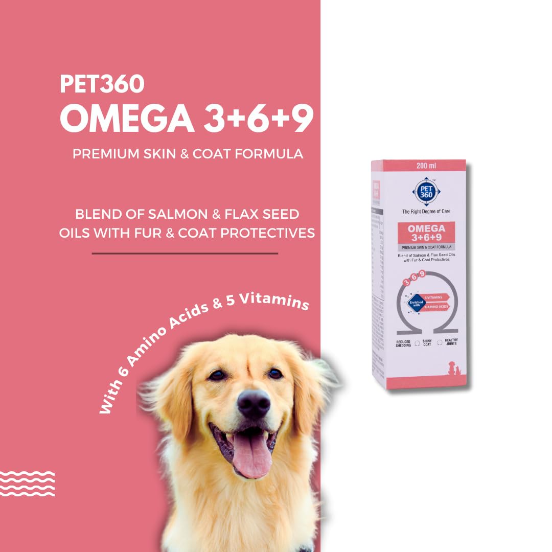 PET360 OMEGA 3+6+9 | Blend of Salmon & Flax Seed Oils with Fur & Coat Protectives | Reduced Shedding | Shiny Coat | Healthy Joints | Nutritional Supplement for Pets