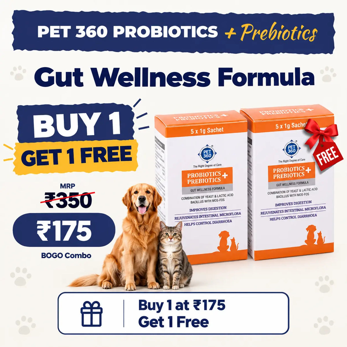 PET360 PROBIOTICS + PREBIOTICS Gut Wellness Formula for Dogs & Cats | Buy 1 Get 1 Free Pack of 5+5
