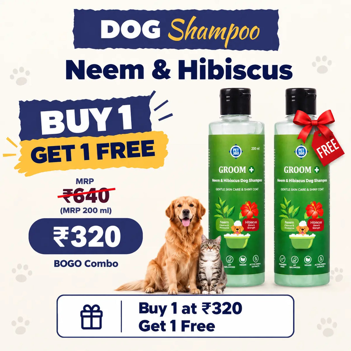 Groom+ Neem Hibiscus Oatmeal Dog Shampoo | Buy 1 Get 1 Free 200 ML+200 ML