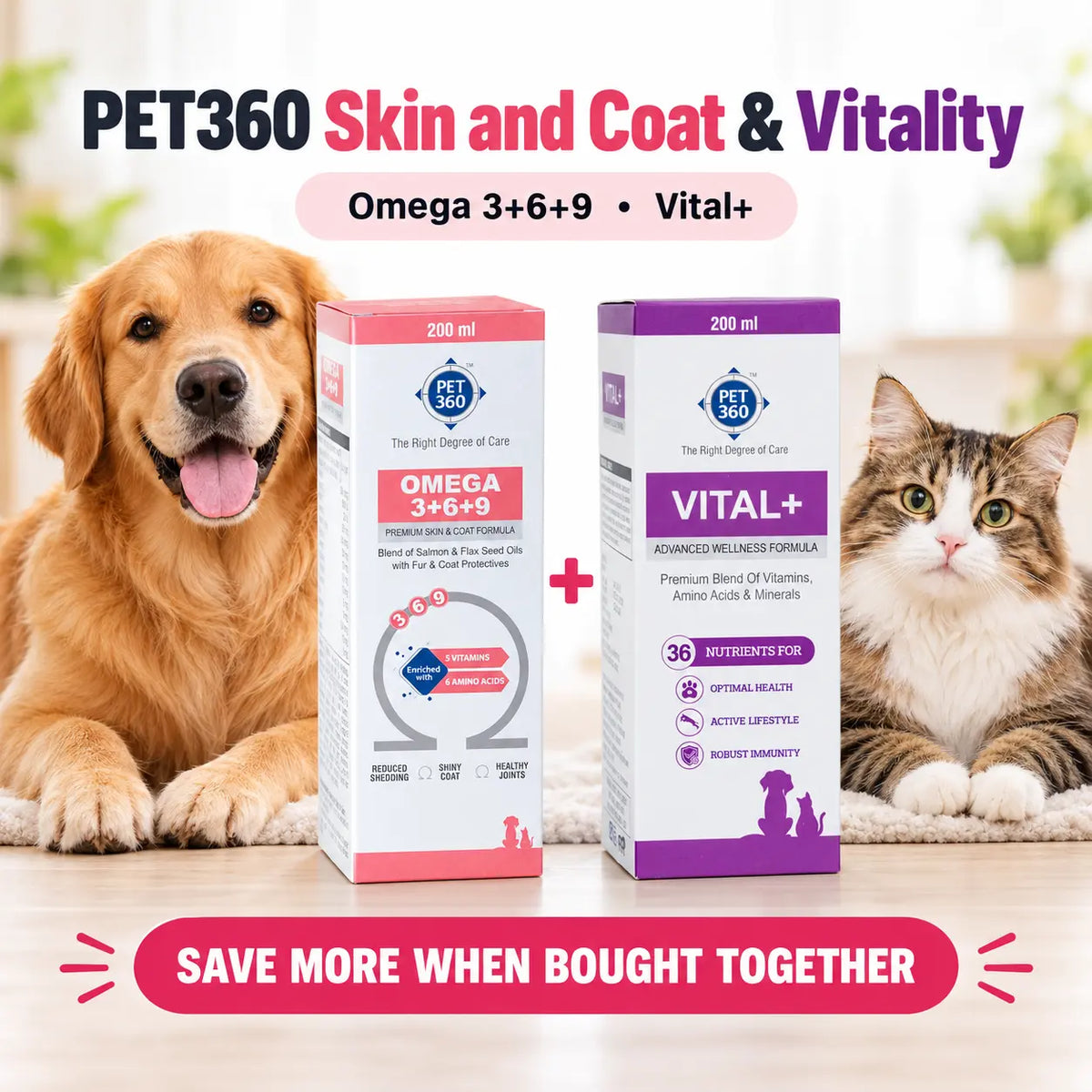 PET360 Skin and Coat & Vitality Combo — Omega 3+6+9 & VITAL+ 200ml