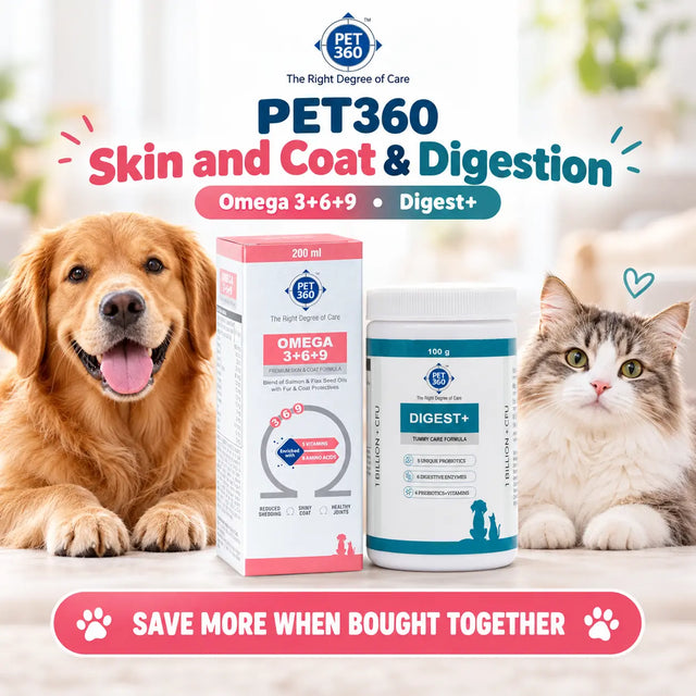 Omega3+6+9 200ml(Blend of Salmon & Flax Seed Oils with Fur & Coat Protectives)&(DIGEST+ Powder with Probiotics, Enzymes & Prebiotics)+100g