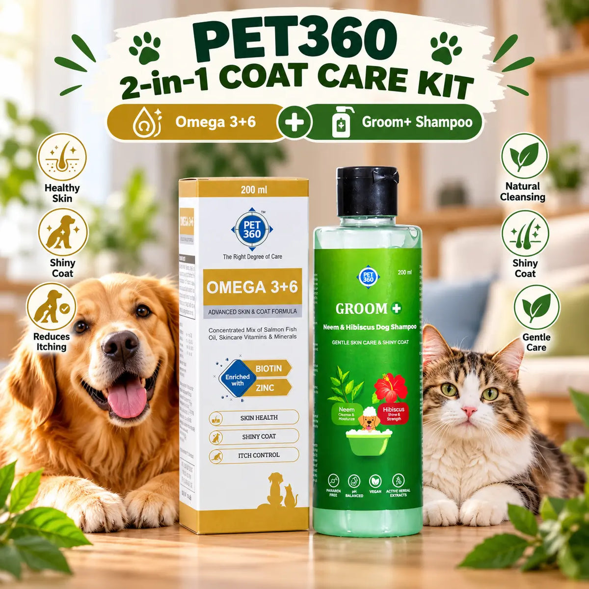 PET360 2-in-1 Coat Care Kit Omega 3+6,Groom+ Neem Hibiscus Oatmeal Shampoo