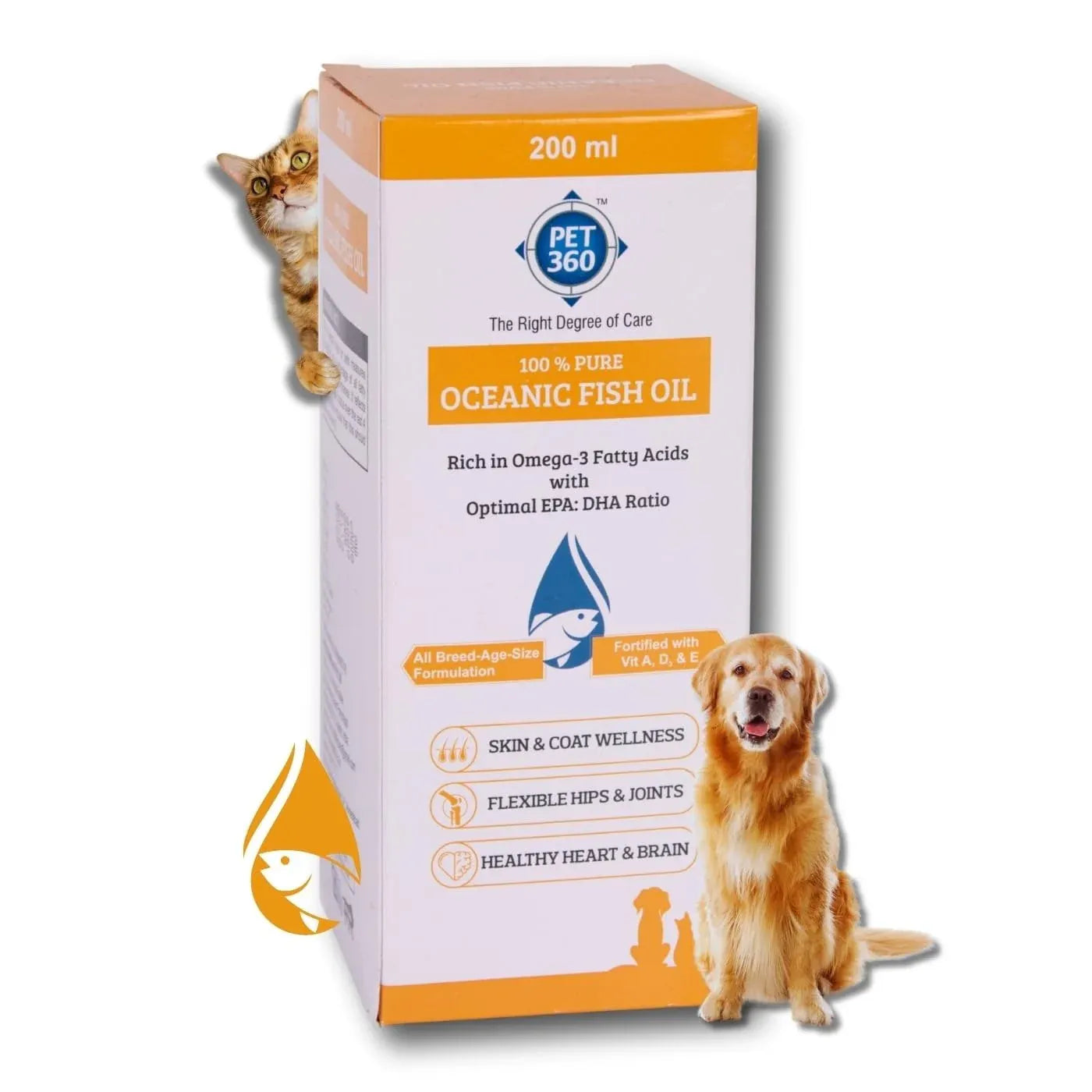 PET360 Oceanic Sardine Fish Oil for Dogs & Cats | Promotes Heart, Brain, Liver & Kidney Health | Reduced Hairfall, Shiny Coat | Omega 3, 6 & Vit. A, D, E| Nutritional Supplement for All Breeds | 200 ml