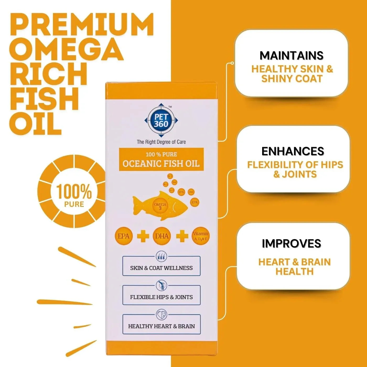 PET360 Oceanic Sardine Fish Oil for Dogs & Cats | Promotes Heart, Brain, Liver & Kidney Health | Reduced Hairfall, Shiny Coat | Omega 3, 6 & Vit. A, D, E| Nutritional Supplement for All Breeds | 200 ml