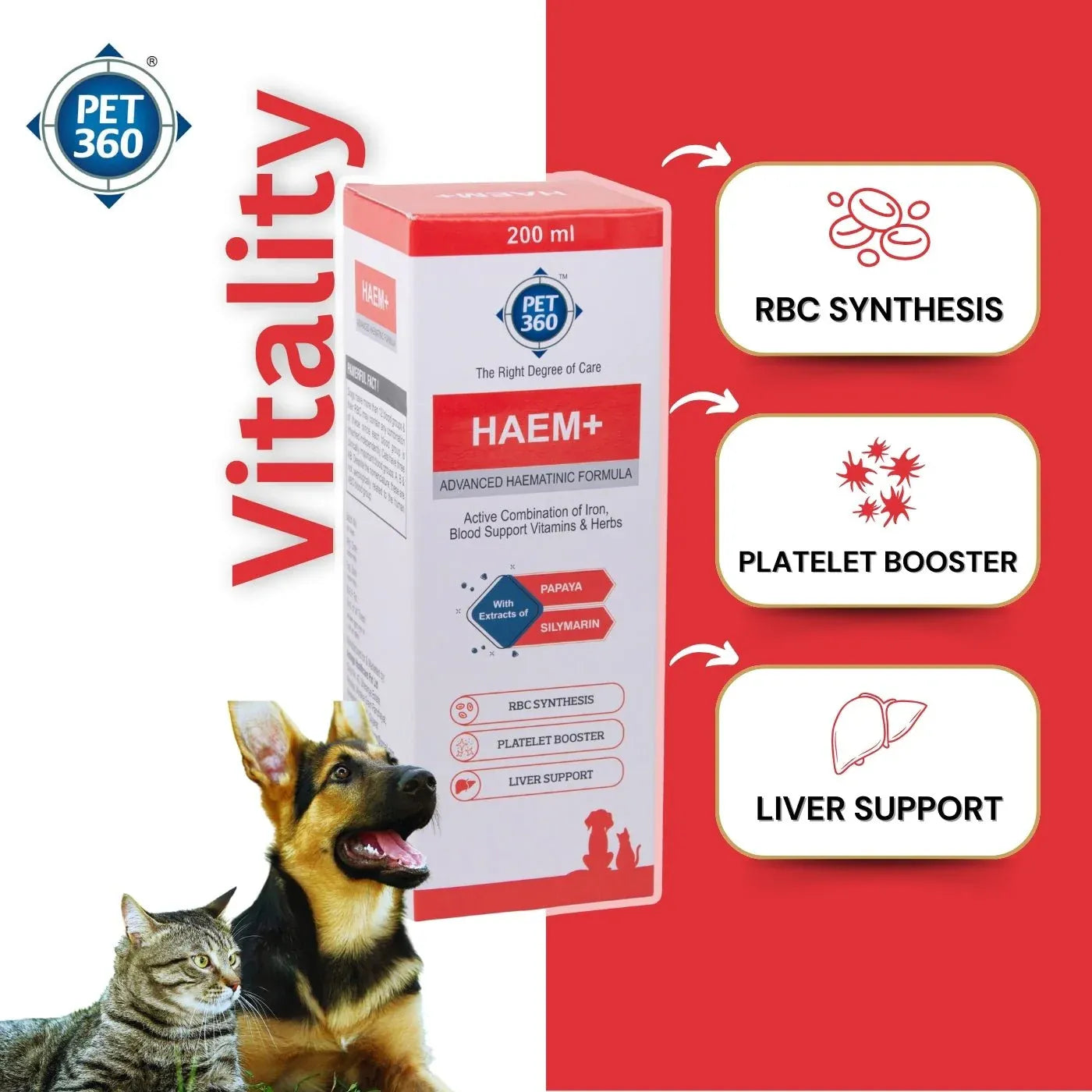HAEM+ Advanced Haematinic Formula | Health Booster & Liver Tonic for Cats & Dogs | with Extracts of Papaya & Silymarine | Active Combination of Iron, Blood Support Vitamins & Herbs ( 200 ml )
