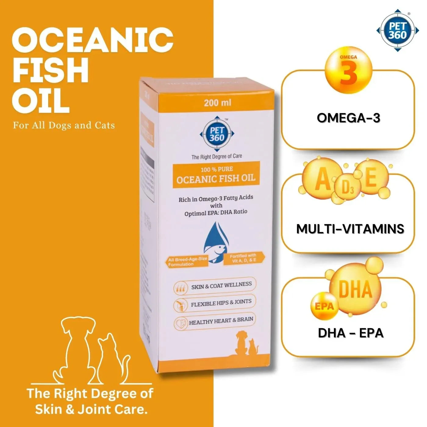 PET360 Oceanic Sardine Fish Oil for Dogs & Cats | Promotes Heart, Brain, Liver & Kidney Health | Reduced Hairfall, Shiny Coat | Omega 3, 6 & Vit. A, D, E| Nutritional Supplement for All Breeds | 200 ml