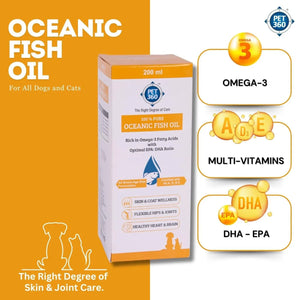 PET360 Oceanic Sardine Fish Oil for Dogs & Cats | Promotes Heart, Brain, Liver & Kidney Health | Reduced Hairfall, Shiny Coat | Omega 3, 6 & Vit. A, D, E| Nutritional Supplement for All Breeds | 200 ml