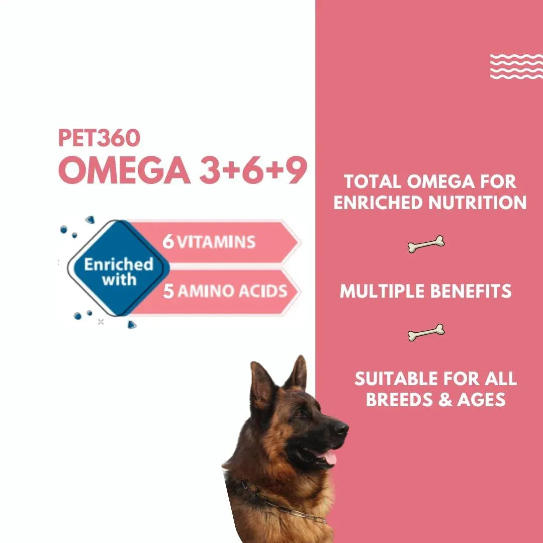 PET360 OMEGA 3+6+9 | Blend of Salmon & Flax Seed Oils with Fur & Coat Protectives | Reduced Shedding | Shiny Coat | Healthy Joints | Nutritional Supplement for Pets