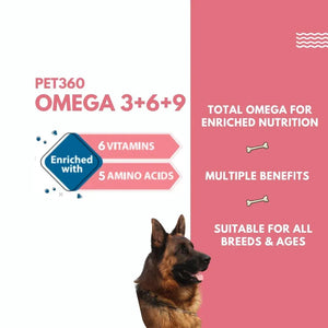 PET360 OMEGA 3+6+9 | Blend of Salmon & Flax Seed Oils with Fur & Coat Protectives | Reduced Shedding | Shiny Coat | Healthy Joints | Nutritional Supplement for Pets