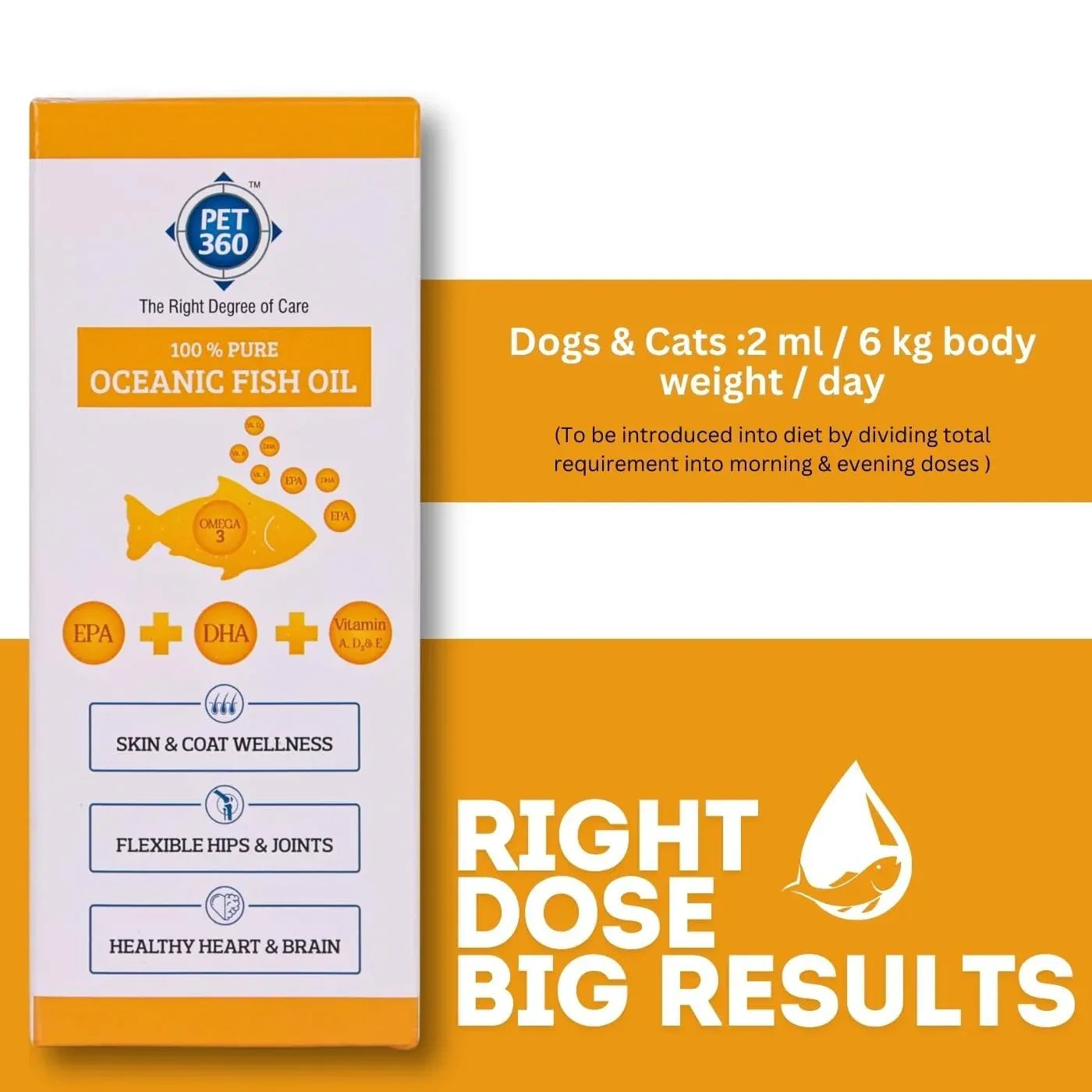 PET360 Oceanic Sardine Fish Oil for Dogs & Cats | Promotes Heart, Brain, Liver & Kidney Health | Reduced Hairfall, Shiny Coat | Omega 3, 6 & Vit. A, D, E| Nutritional Supplement for All Breeds | 200 ml