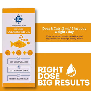 PET360 Oceanic Sardine Fish Oil for Dogs & Cats | Promotes Heart, Brain, Liver & Kidney Health | Reduced Hairfall, Shiny Coat | Omega 3, 6 & Vit. A, D, E| Nutritional Supplement for All Breeds | 200 ml