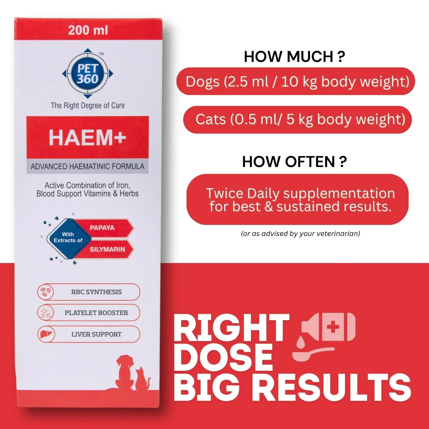 HAEM+ Advanced Haematinic Formula | Health Booster & Liver Tonic for Cats & Dogs | with Extracts of Papaya & Silymarine | Active Combination of Iron, Blood Support Vitamins & Herbs ( 200 ml )