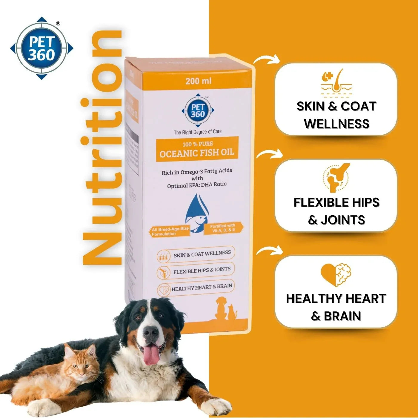 PET360 Oceanic Sardine Fish Oil for Dogs & Cats | Promotes Heart, Brain, Liver & Kidney Health | Reduced Hairfall, Shiny Coat | Omega 3, 6 & Vit. A, D, E| Nutritional Supplement for All Breeds | 200 ml