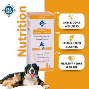 PET360 Oceanic Sardine Fish Oil for Dogs & Cats | Promotes Heart, Brain, Liver & Kidney Health | Reduced Hairfall, Shiny Coat | Omega 3, 6 & Vit. A, D, E| Nutritional Supplement for All Breeds | 200 ml