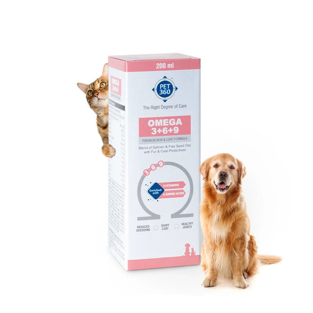 Pet 360 Omega 3+6+9 supplement box with a dog and cat on a white background