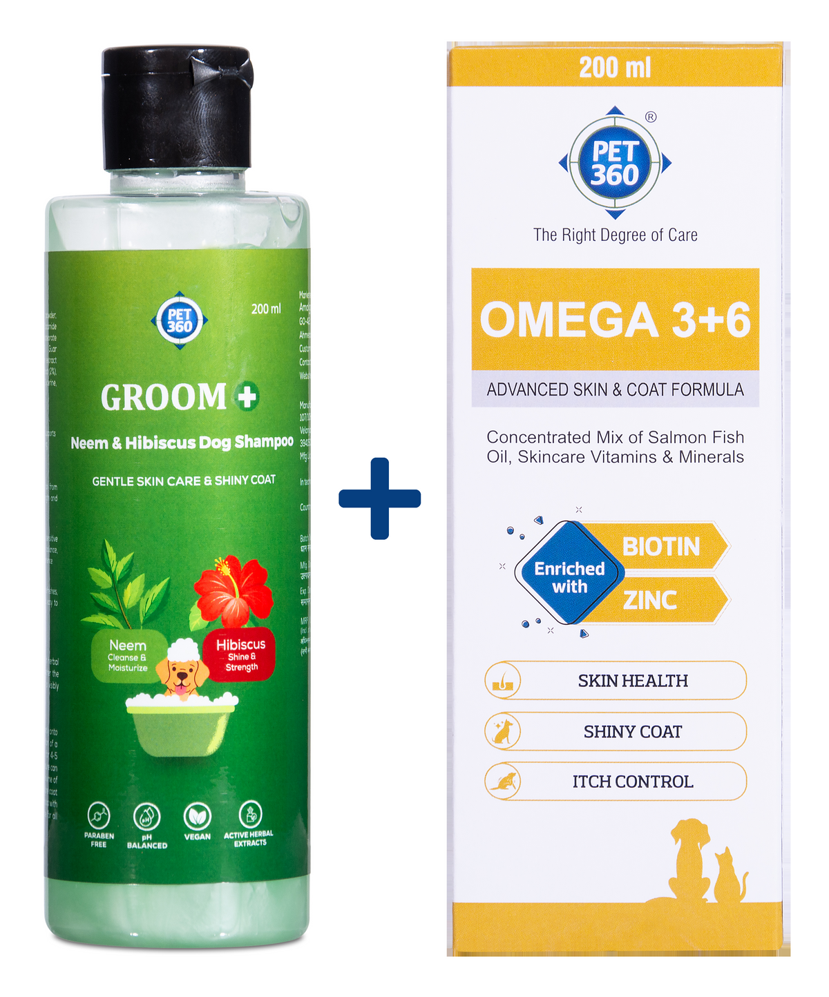 PET360 2-in-1 Coat Care Kit Omega 3+6,Groom+ Neem Hibiscus Oatmeal Shampoo