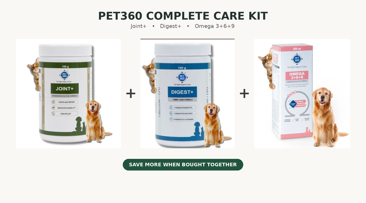 3-in-1 Total Care Kit(JOINT+ (100g)|DIGEST+ (100g)|Omega 3+6+9 (200ml)- With Glucosamine & Chondroitin | Probiotics & Prebiotics | Salmon & Flaxseed Oil