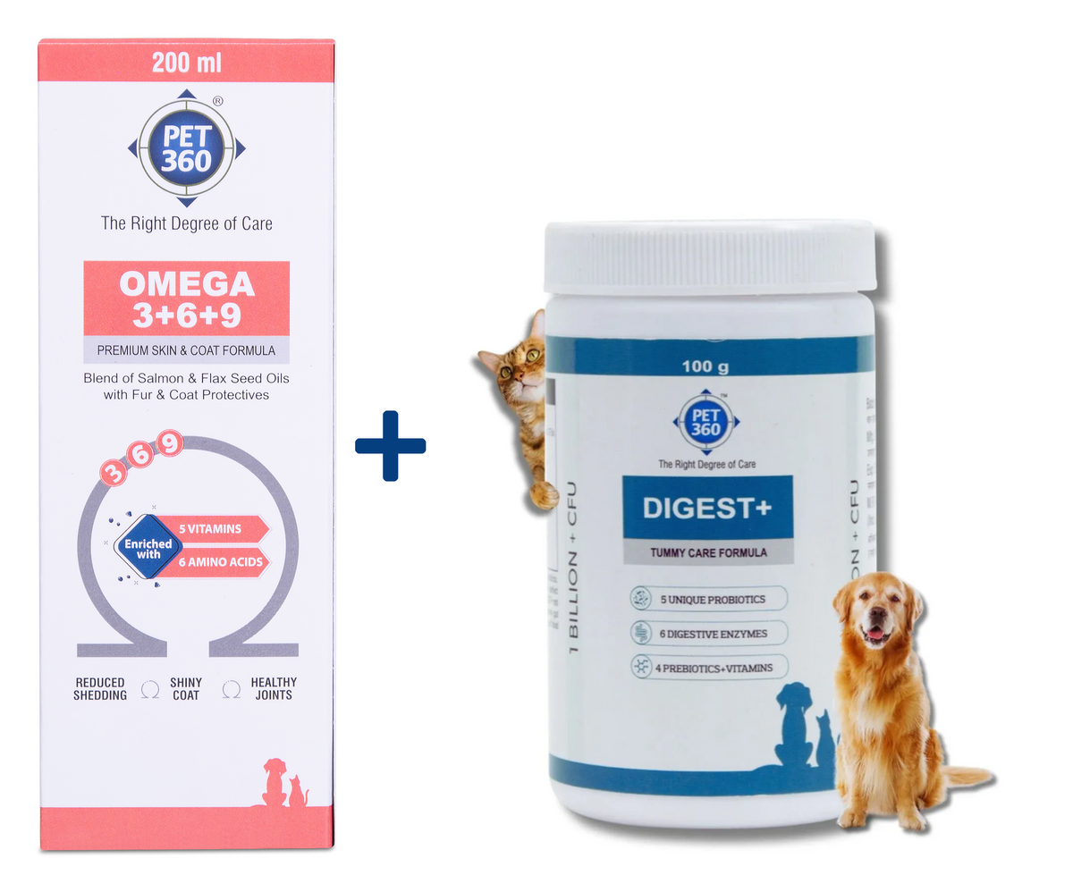 Omega3+6+9 200ml(Blend of Salmon & Flax Seed Oils with Fur & Coat Protectives)+digest (DIGEST+ Powder with Probiotics, Enzymes & Prebiotics)+100g